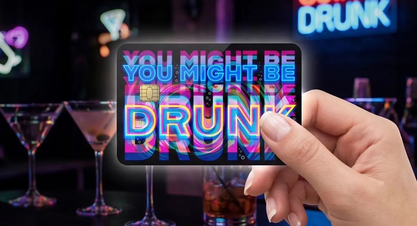 You Might Be Drunk" Neon Glitch Credit Card Skin – Funny Trippy Vinyl Debit Card Sticker Wrap