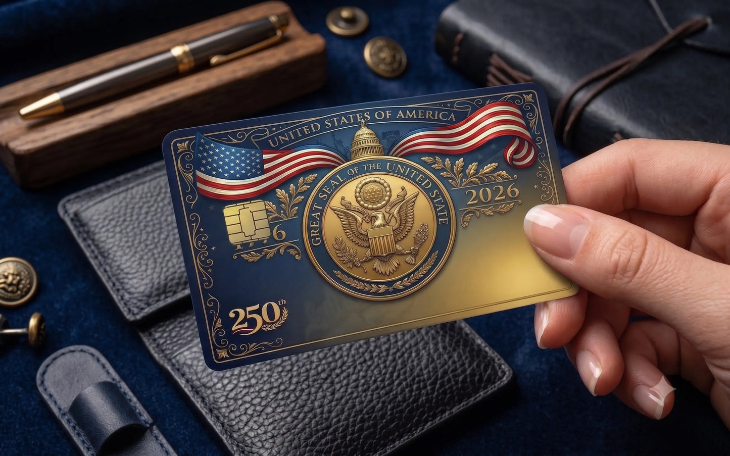 Great Seal USA 250th Anniversary Credit Card Skin | Patriotic Gold & Blue Card Wrap