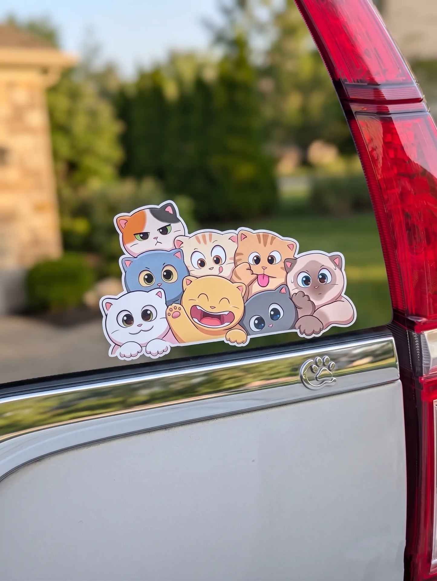Cute Cat Pile Vinyl Decal – Peeking Cartoon Kittens Car Window Sticker (6" x 3.5")
