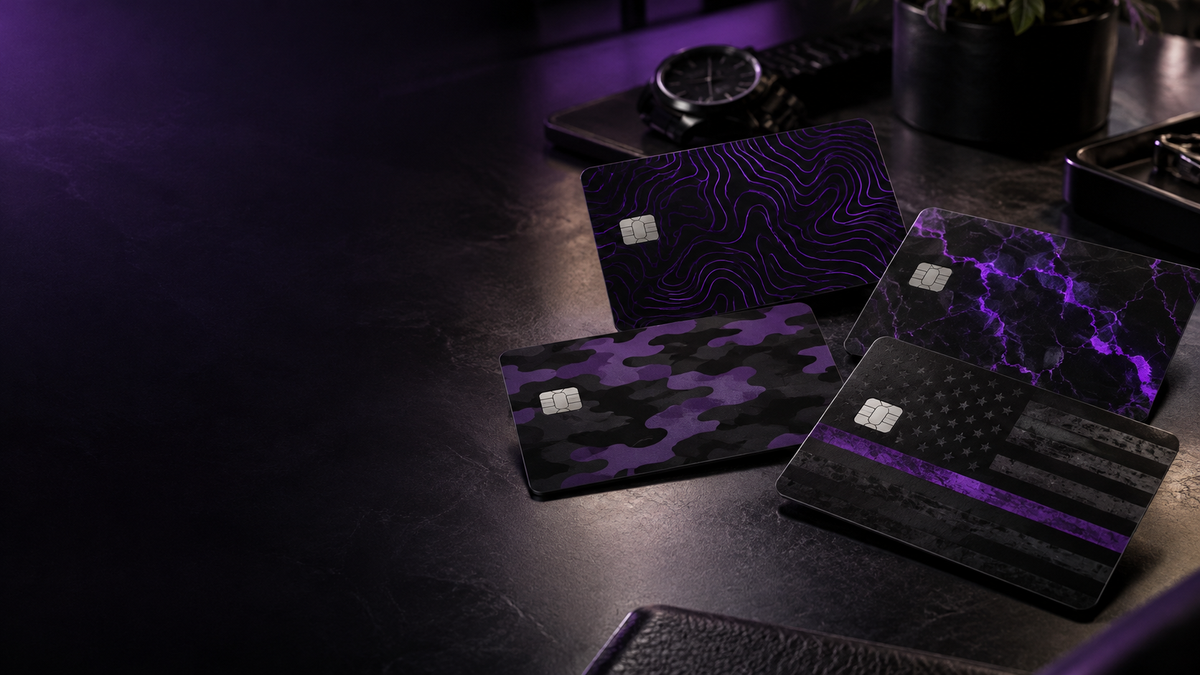 CutRiteFX credit card skins in purple camo, topo, marble and flag designs