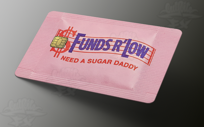 Pink sachet with humorous text on a gray background