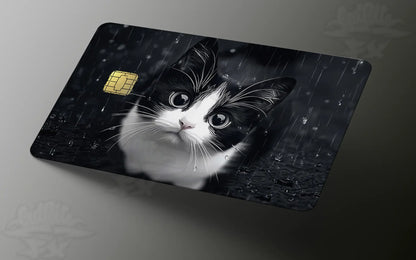 Sad Tuxedo Cat in the Rain Credit Card Skin | Cute Aesthetic Premium Vinyl Decal