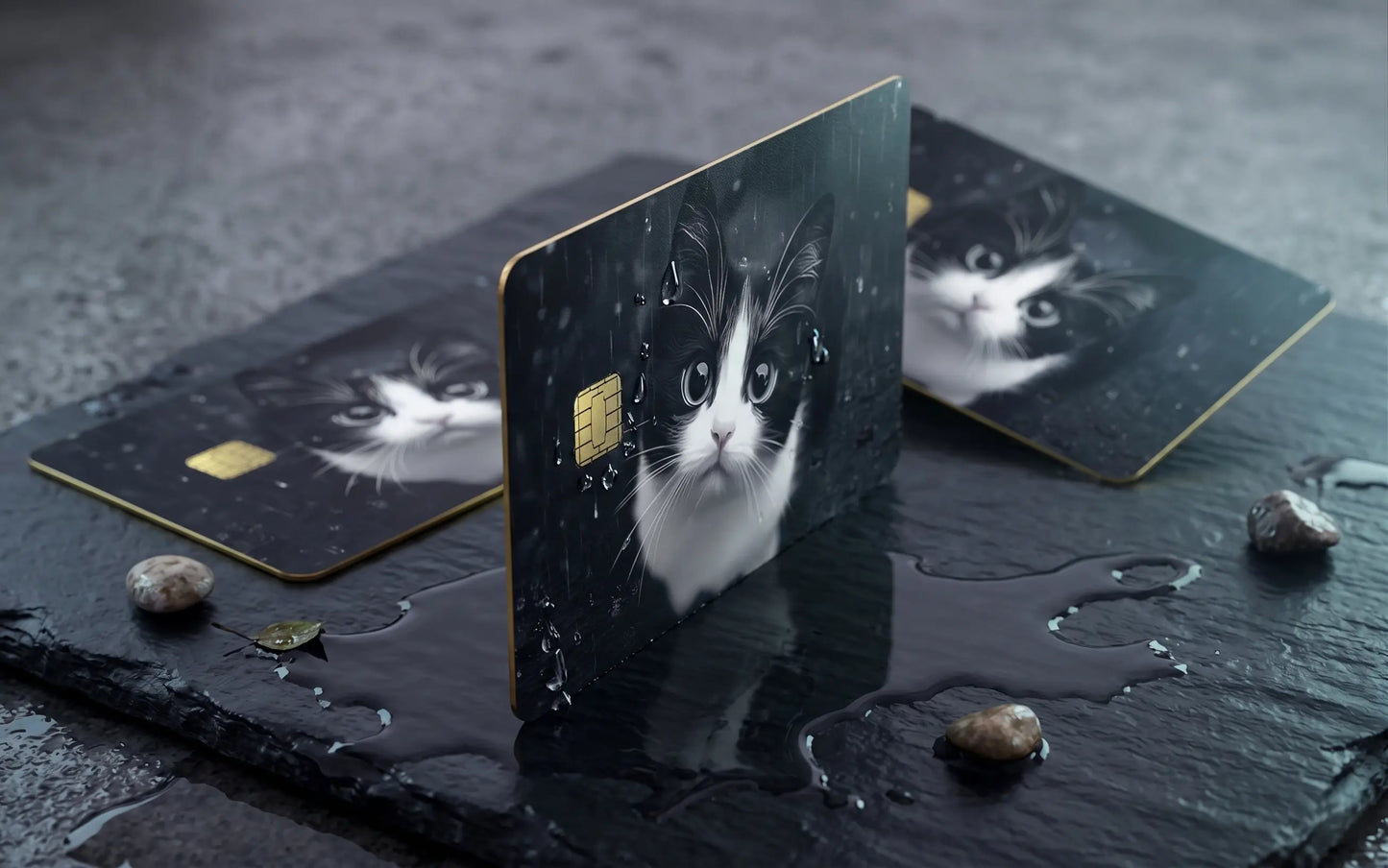 Sad Tuxedo Cat in the Rain Credit Card Skin | Cute Aesthetic Premium Vinyl Decal