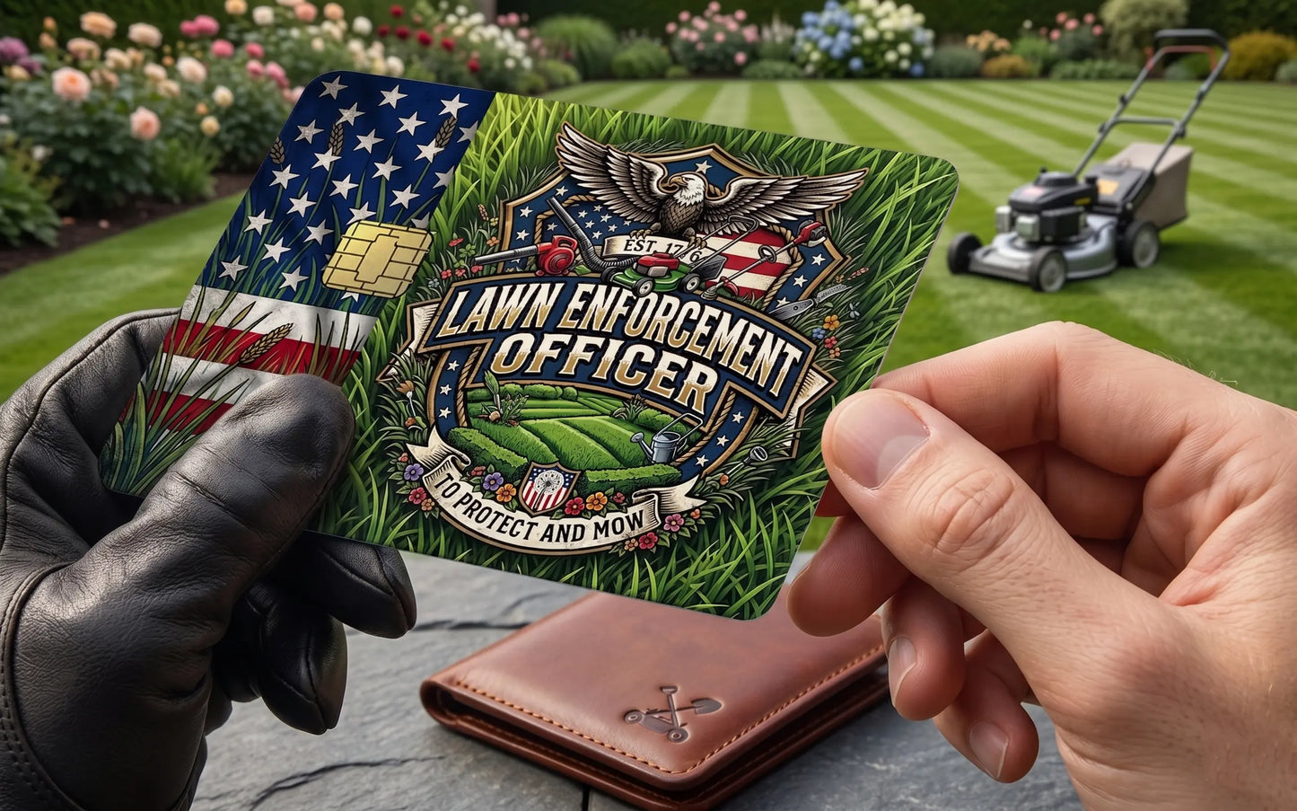 Lawn Enforcement Officer Credit Card Skin | Funny Patriotic Lawn Care Decal