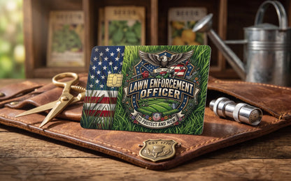 Lawn Enforcement Officer Credit Card Skin | Funny Patriotic Lawn Care Decal