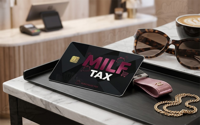 A dark, matte black debit card featuring striking, reflective metallic pink text that reads 'MILF TAX' with matching shopping bag and purse line icons.