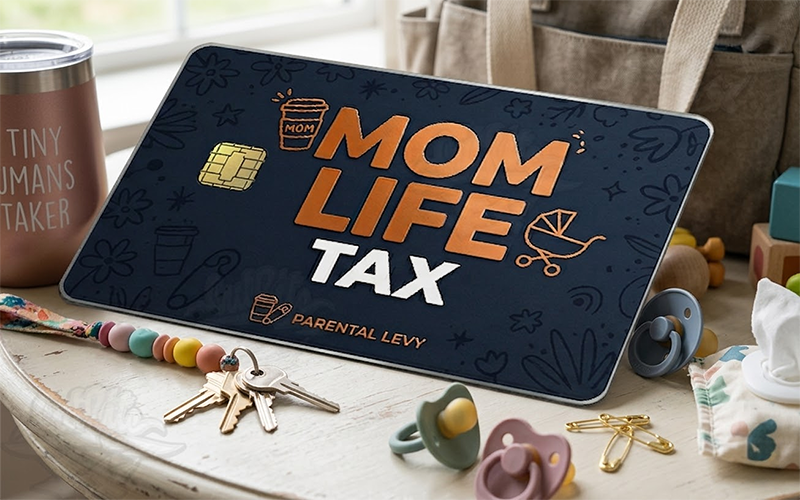 Card with 'Mom Life Tax' design on a surface with baby items