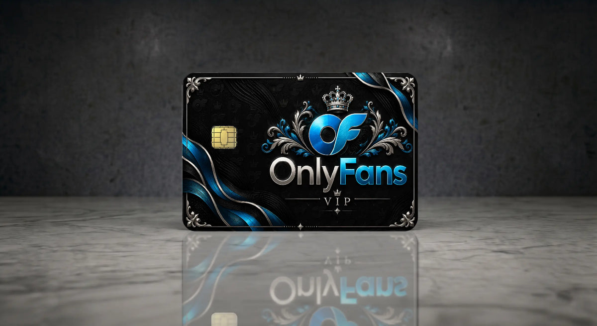 OnlyFans VIP Luxury Credit Card Skin - Metallic Blue, Silver, and Black Ornate Crown Design with Chip Cutout