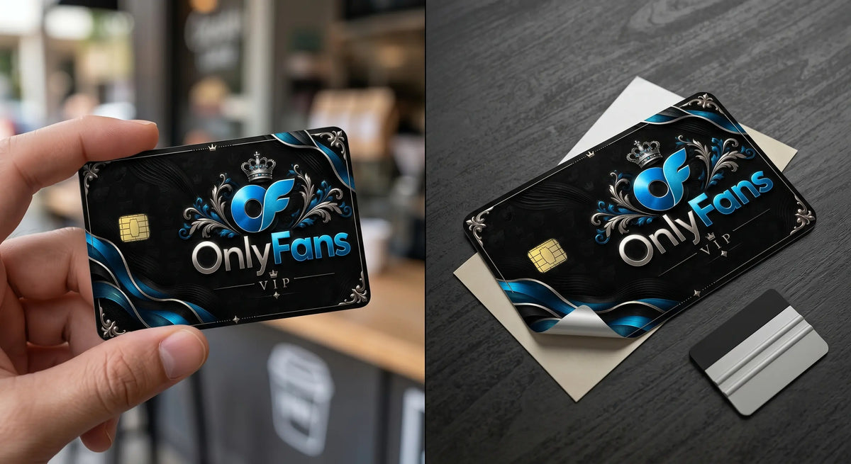 Hand holding custom OnlyFans VIP credit card sticker cover in black and metallic blue at a coffee shop