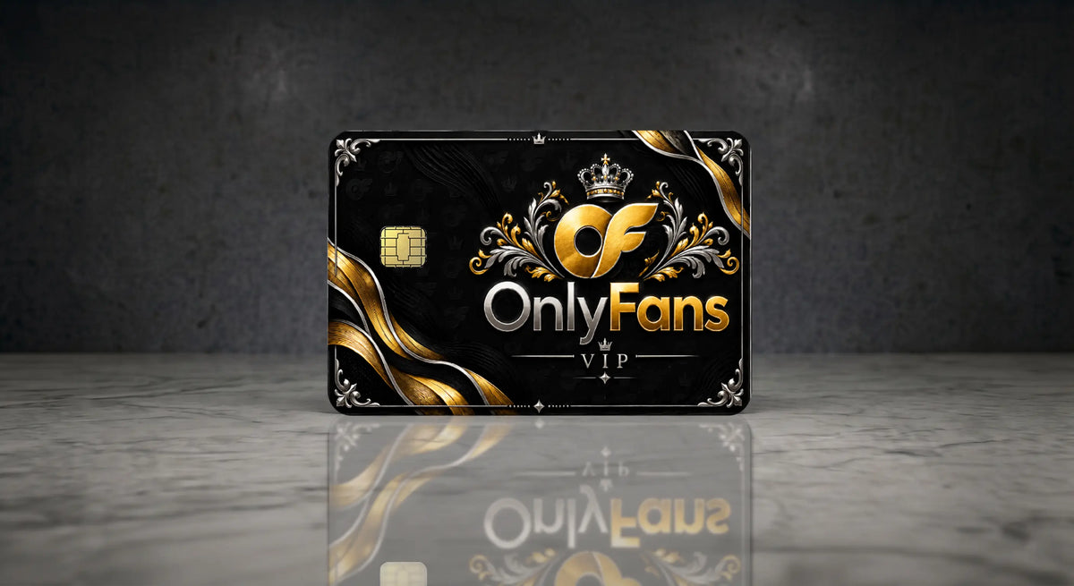 OnlyFans VIP Luxury Credit Card Skin - Metallic Gold, Silver, and Black Ornate Crown Design with Chip Cutout