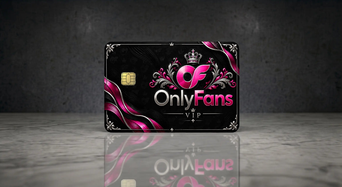 OnlyFans VIP Luxury Credit Card Skin - Metallic pink, Silver, and Black Ornate Crown Design with Chip Cutout