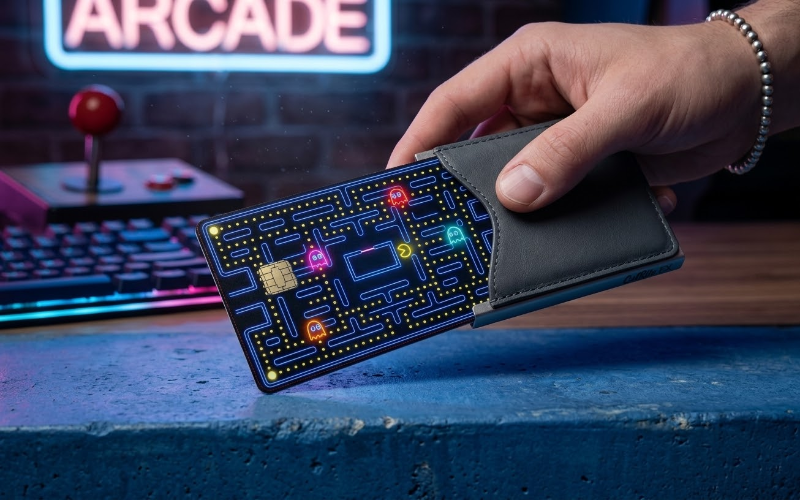 Retro arcade game-inspired credit card sticker with neon light aesthetic and 80s gaming maze design.