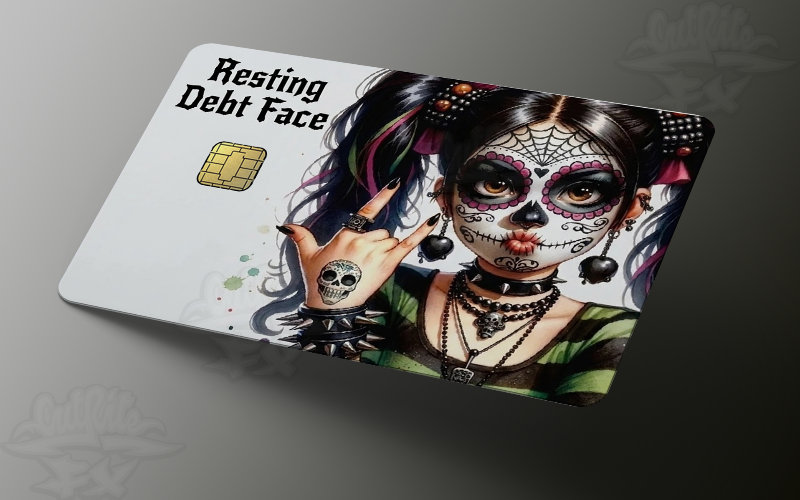Card with a stylized face design and 'Resting Debt Face' text on a gray background