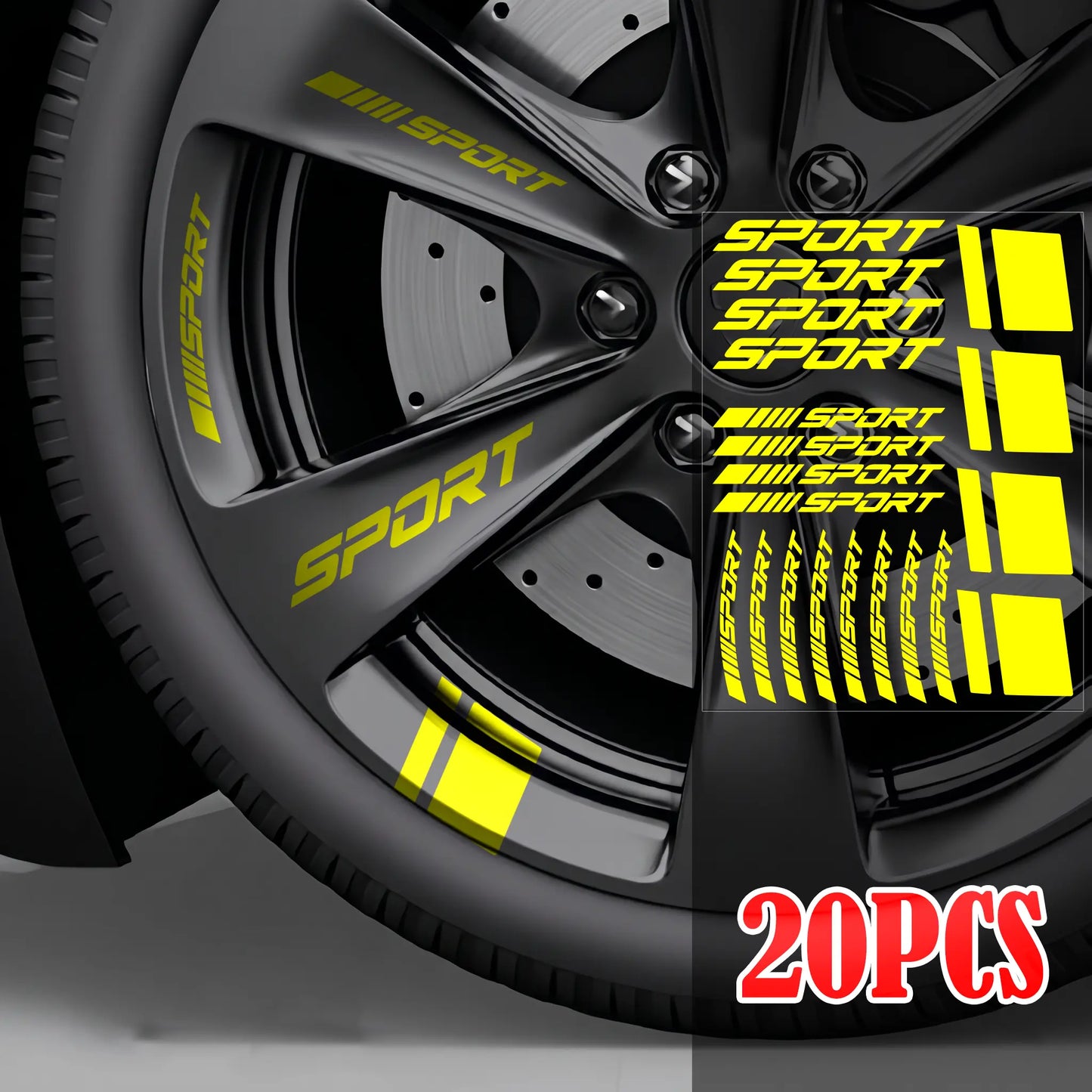 Yellow Sport vinyl rim decals installed on black performance car wheel