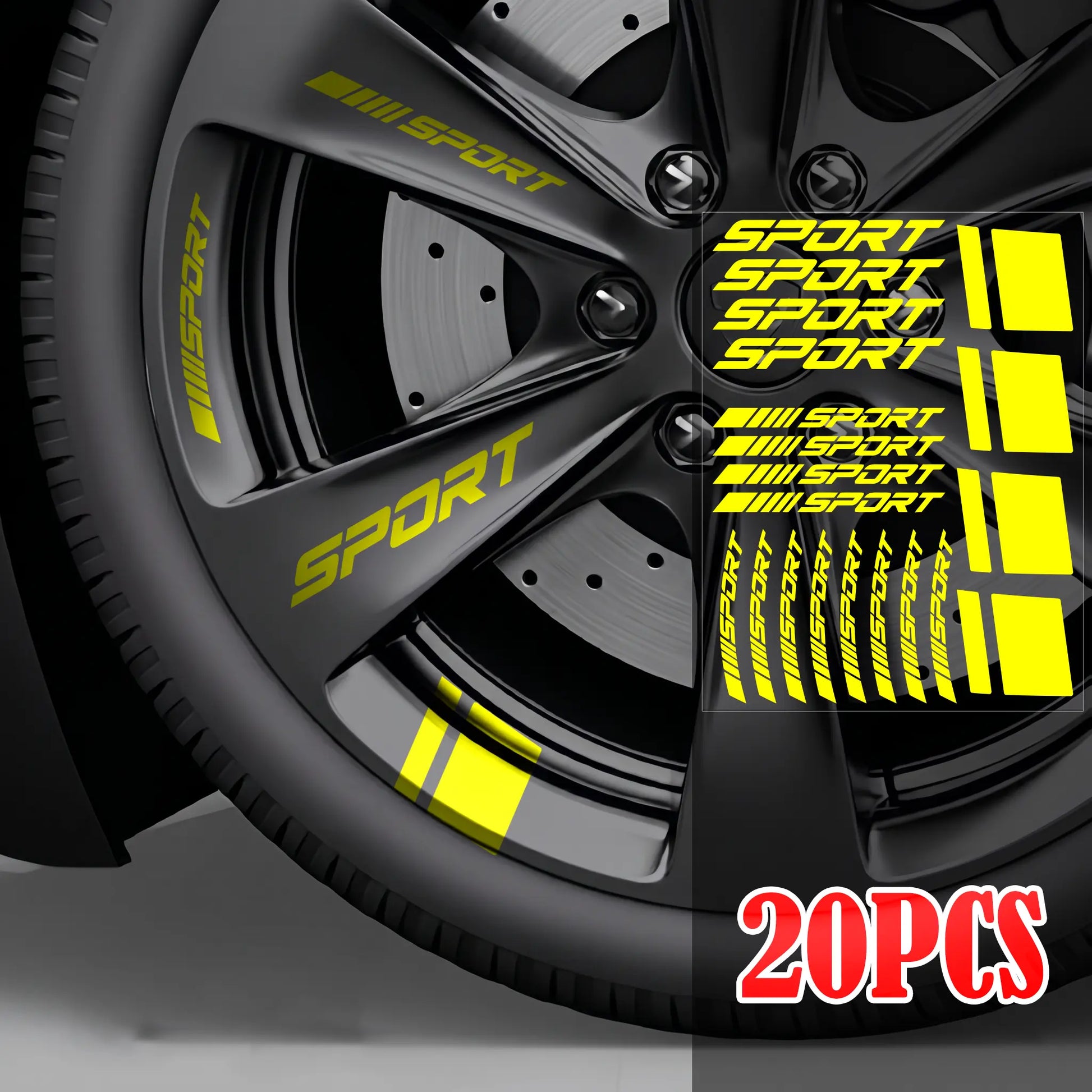Yellow Sport vinyl rim decals installed on black performance car wheel