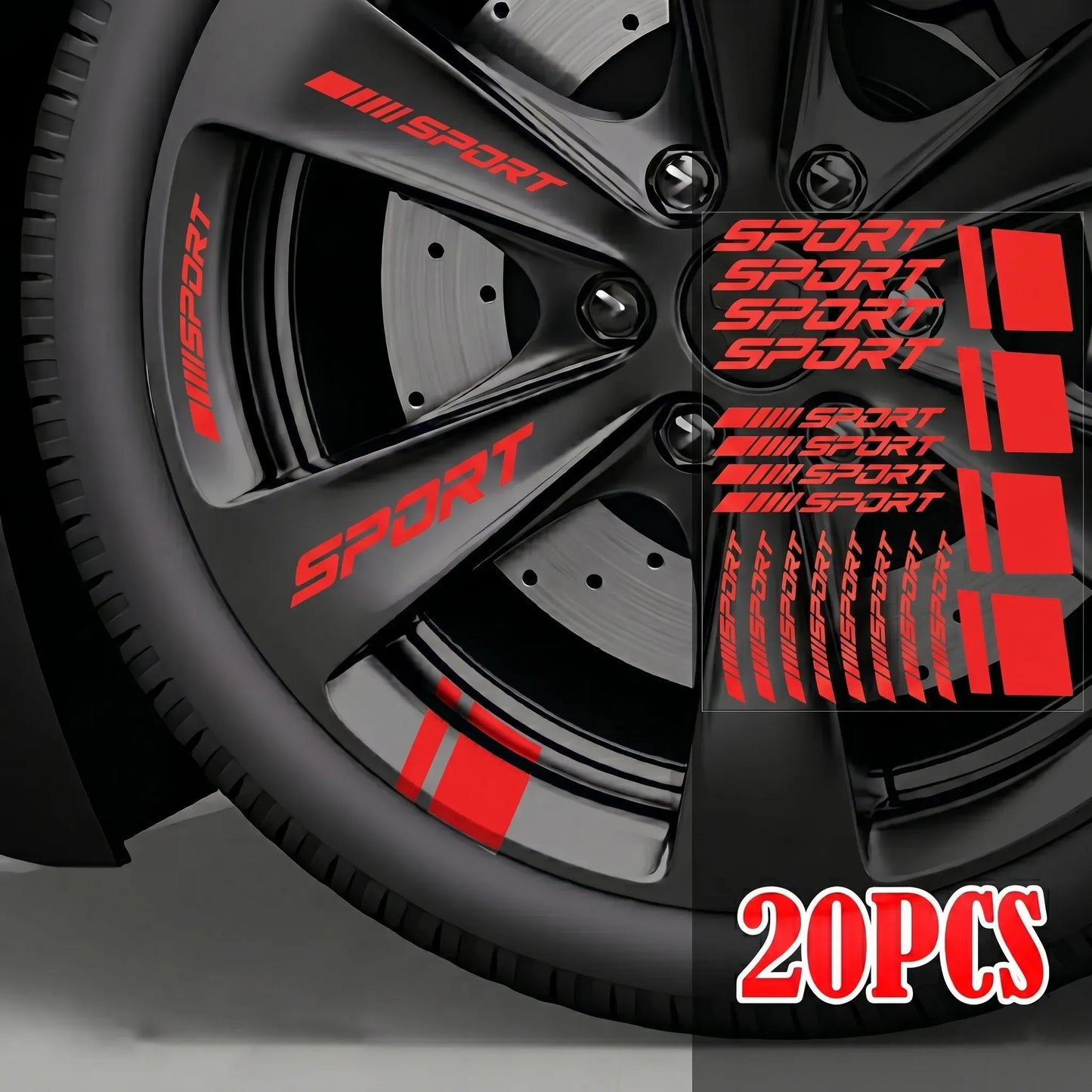 Red Sport vinyl rim decals installed on black performance car wheel