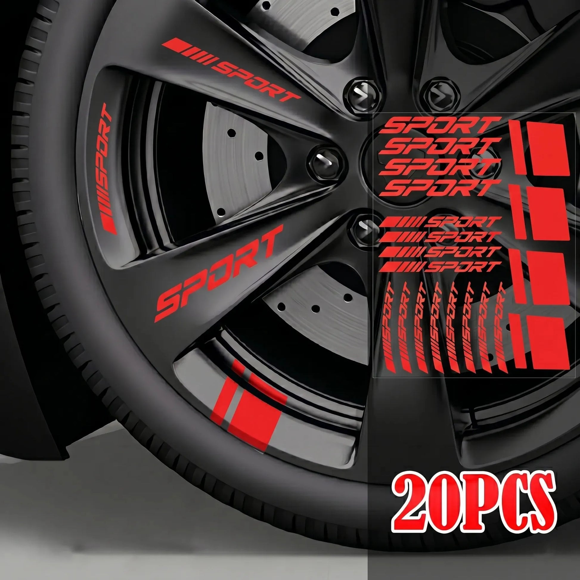 Red Sport vinyl rim decals installed on black performance car wheel
