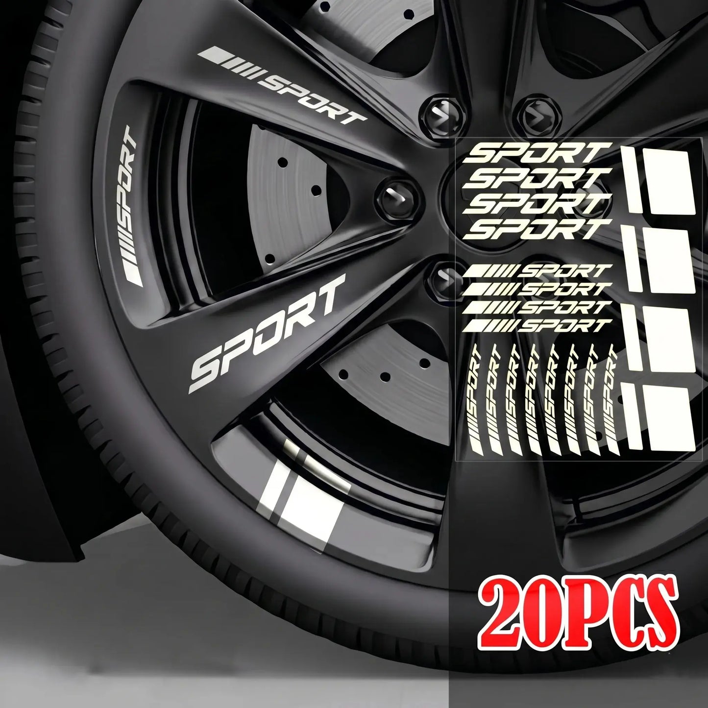 White Sport vinyl rim decals installed on black performance car wheel