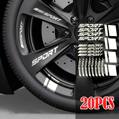 White Sport vinyl rim decals installed on black performance car wheel