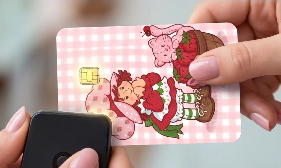 Vintage Strawberry Credit Card Skin | Cute Pink Gingham Debit Card Sticker