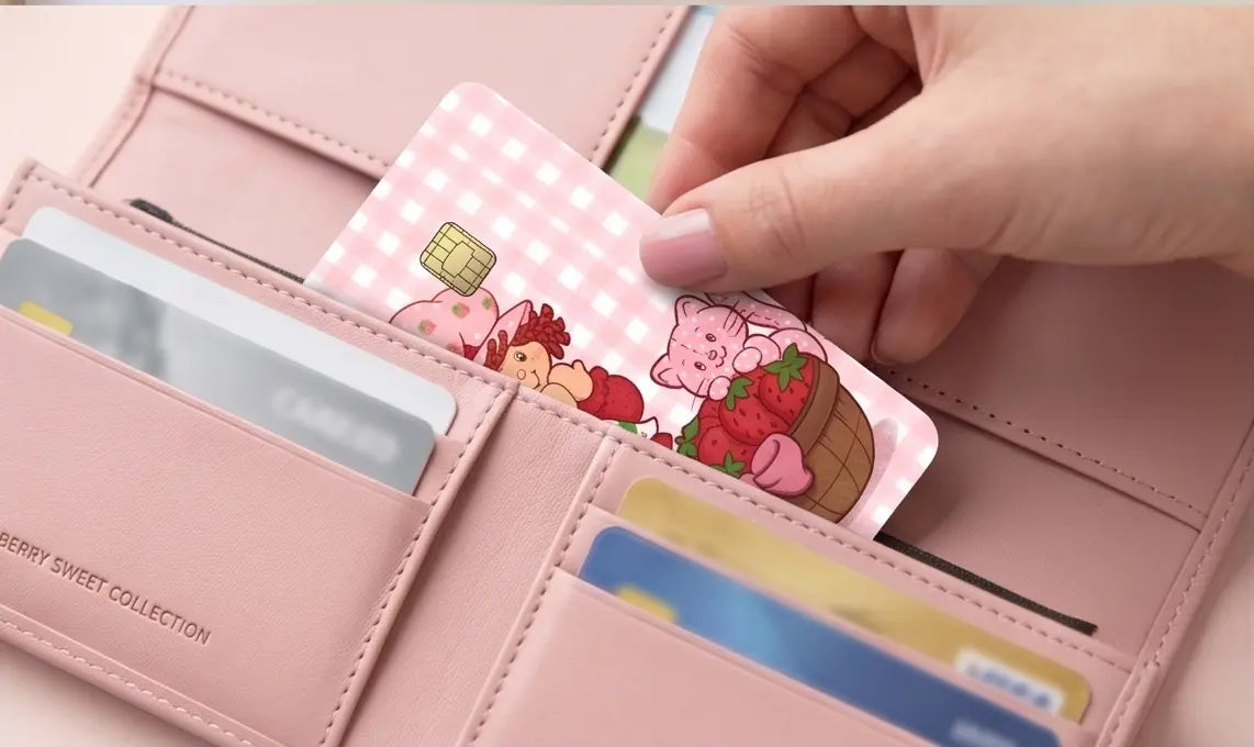 Vintage Strawberry Credit Card Skin | Cute Pink Gingham Debit Card Sticker