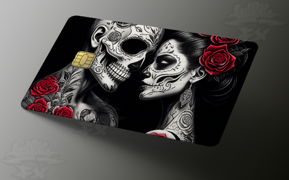 Card with a design of two stylized skulls and red roses on a gray background