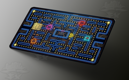 Retro gaming credit card skin by CutRiteFX with neon blue maze and techwear circuit board aesthetic on a metallic background