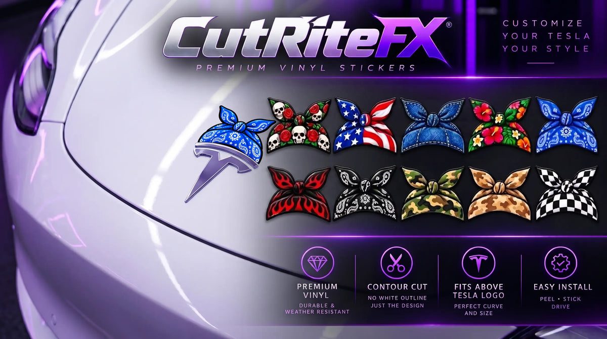 CutRiteFX Tesla logo bandana decals, 10 selectable designs, matching pair of 2