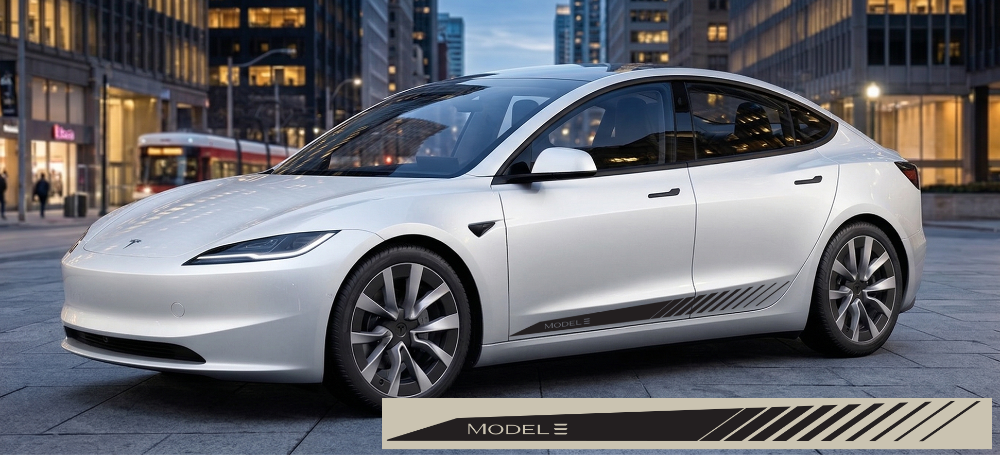 Glossy white Tesla Model 3 parked on a city street featuring a 6-foot black CutRiteFX side rocker stripe decal with "Model 3" text and slanted hash marks.