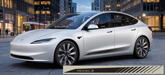 Glossy white Tesla Model 3 parked on a city street featuring a 6-foot black CutRiteFX side rocker stripe decal with "Model 3" text and slanted hash marks.