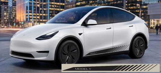 A Tesla Model Y equipped with a custom 6-foot black vinyl side stripe along the lower rocker panel, highlighting the performance-inspired exterior modification.