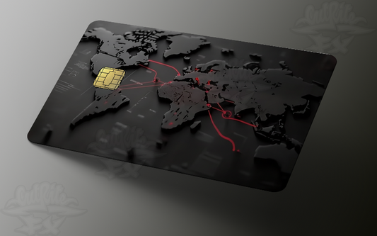 Matte black credit card skin featuring a 3D world map design with glowing red network lines and a precision EMV chip cutout.