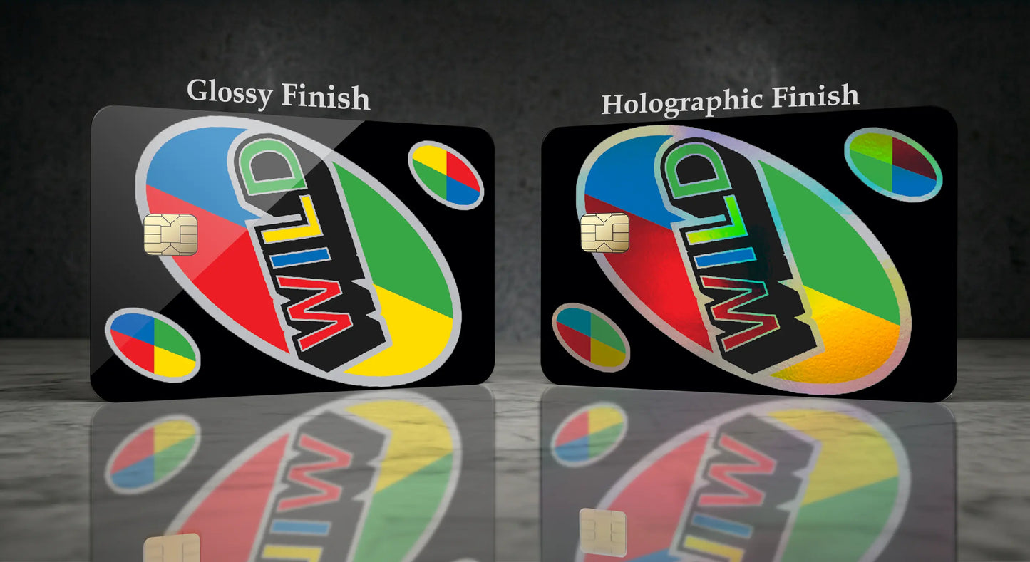 Two black cards labeled 'Glossy Finish' and 'Holographic Finish' with a colorful oval logo reading 'UNO WILD' and small multicolor circular graphics, shown on a dark reflective surface.